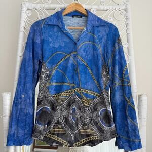 David Cline Top Small Blue Snap Front Blouse Artsy Baroque Chain Equestrian USA